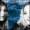 four grayscale portrait against a blue textured background, each showing a woman with long hair in different poses and angles
