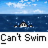 Animated contact sheet showing a pixel art character struggling in water with repeated text "Can't Swim" across multiple frames.