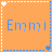 Two orange square icons with dashed borders display the name 'Emmi' in pixelated text, one blue and one white.