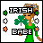 Pixel art icon of a person in green clothing holding a shamrock, with 'IRISH' and 'BABE' text blocks, surrounded by small decorative icons.