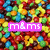 Pixelated background of multicolored round candies with three overlaid text banners in pink, blue, and red displaying "rm&rms".