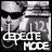 Black-and-white pixelated image with stylized text 'DEPECHE MODE' overlaid on a blurred background featuring indistinct shapes and light patterns.
