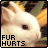 A pixelated rabbit face with a white fur texture, dark eyes, and orange-brown background elements. The left side shows 'FUR HURTS' text while the right displays 'PETA2.COM'.