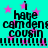 Cyan background with pink stars and repeated black text reading 'i have camden cousin' in pixelated font, displayed as a static image.