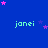 Blue background with repeated light green text 'janei' and scattered pink stars, one gray rectangle in bottom right corner.