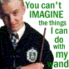 Two side-by-side static images of Harry Potter characters with text overlays, one holding a wand and the other speaking about it.