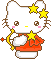 Pixelated white cat with brown outline, yellow stars on head, pink cheeks, yellow nose, red dress with white accents, holding yellow bow and arrow with star tip.
