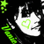 Pixelated black-and-white face with green heart on cheek, green star and text elements on black background.