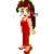 Pixelated cartoon woman in red dress with green hair highlights and pink earrings, shown in two animation frames side-by-side on gray background.