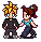Pixel art of two characters holding hands, with one character's expression changing from neutral to smiling and a pink heart appearing above their heads.