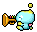Pixel art animation of a blue cartoon character with yellow accents holding an orange trumpet-like instrument, showing two frames where the character's head and floating yellow square move slightly left to right against gray background.