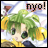 Animated contact sheet of a chibi-style anime character with green hair and yellow accessories, displaying eight sequential frames showing subtle facial expression changes while the text "nyo!" appears above.