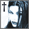 A stylized portrait of a person with long dark hair and pale skin, featuring a black cross symbol on the left side against a light background.