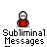 Animated contact sheet of a pixel art buddy icon with repeated red-shirted stick figure and changing text overlays on gray background.