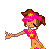 Pixel art buddy icon featuring a cartoon woman in pink attire and yellow starry structure with visible text "How May I Help You?!" on white background.