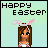 Pixel art Easter icon featuring a cartoon character with bunny ears and "Happy Easter" text on a light green background.