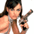 Pixelated static image of a woman with dark hair holding a handgun, wearing a light-colored sleeveless top against a white background.