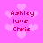 Pixelated pink background with repeated light pink hearts and red text reading "Ashley luvs Chris" in four quadrants.