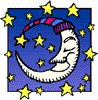 A crescent moon with a smiling face wears a red-and-blue striped hat, surrounded by stars against a blue background.