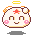 Pixelated cartoon head with pink cheeks, red star on forehead, orange-and-white ears, yellow halo, and smiling mouth against gray background.