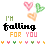 Animated contact sheet of a 45x45 pixel buddy icon showing 'I'M falling FOR YOU' text with heart symbols, cycling through color variations across frames.