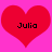 Two red heart shapes on a pink background with the text 'Julia' in black pixelated font inside each heart.