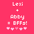 Pixelated text on a solid pink background shows 'Lexi + Abby = BFFs!' with five heart symbols below, where the third heart shifts from light to dark pink between frames.