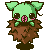 Pixel art contact sheet showing three frames of a green cartoon character with pink mouth and brown body emerging from dirt, displayed on gray background.