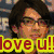 six pixelated images with repeated 'love u!' text in red and blue, featuring people in various groupings and poses