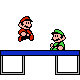 Animated contact sheet showing seven frames of Mario and Luigi sprites moving across blue platforms on a gray background.