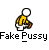 Pixelated character in yellow shirt and white pants crouching with hands near crotch, repeated six times under text reading 'Fake Pussy' on gray background.