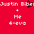 Red background with white pixelated text and symbols, including 'Justin Biben' and 'Me 4-evo' repeated twice, with a black heart symbol replacing part of the text.