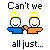 Pixel art of two figures with halos or horns, changing expressions and text below them across four