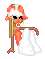 Pixelated doll avatar with orange-and-white headdress, blue eyes, and white dress, holding white fabric, two poses showing arm position change.