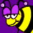 Pixelated cartoon character with yellow face, purple bow, and black stripes on a solid purple background.