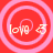 Four identical red circular icons with pink concentric rings, each containing the word 'love' and a heart symbol in light pink text.