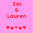 Pixelated red text 'Zac & Lauren' on pink background with five red hearts below, one heart slightly lighter in color.