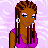 Pixel art icon of a woman with brown skin, long braided hair, and blue eyes wearing a purple top against a light purple background.
