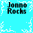 Pixelated cyan background with white snowflake patterns and four instances of black text reading "Jonna Rocks" in a