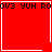 Red square with white borders, four containing pixelated text and two small symbols in bottom-right corners