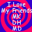 A static image with four identical showing a red and blue spiral background overlaid with white text reading "I Love My Friends" followed by the initials MK, DH, MD