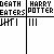 Pixelated graphic shows 'DEATH EATERS' and 'HARRY POTTER' text with skull vs lightning bolt symbols, two versions of the same scene in different color schemes.