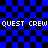 Blue and black checkered background with repeated white pixelated text "QUEST CREW" across top and bottom, featuring a central distorted blue shape.