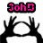 Pixelated image with pink text 'Joh5' on black background above two black hands forming a circle around white space.