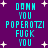 Pixelated cyan text on purple background with white stars, repeating phrases in a