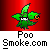 Green cartoon character with leafy head and orange eyes smokes a white cigarette against red background, text 'Poo Smoke.com' below.