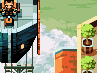 Pixel art scene showing a character with orange hair and glasses holding an object, standing on a platform above a dark structure against green sky.