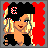 A 4-frame animated contact sheet showing a pixel-art punk character with blonde hair, black clothing, and red background elements across four distinct poses including front view, back view, side view, and text display.