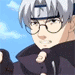 Anime character with silver hair and glasses performs hand seals in sequence against blue sky and green grass background.