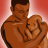 A static pixelated image shows two people embracing against a red gradient background, with one figure holding the other in an intimate pose.